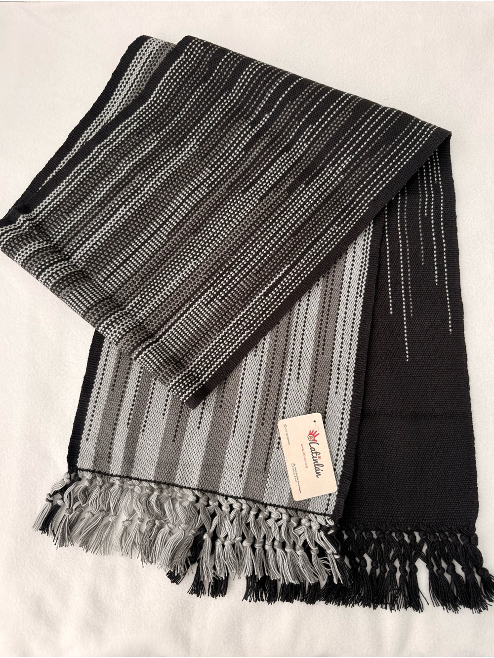 Handcrafted Colombian Handloom Table Runner – Black & Grey Geometric Pattern